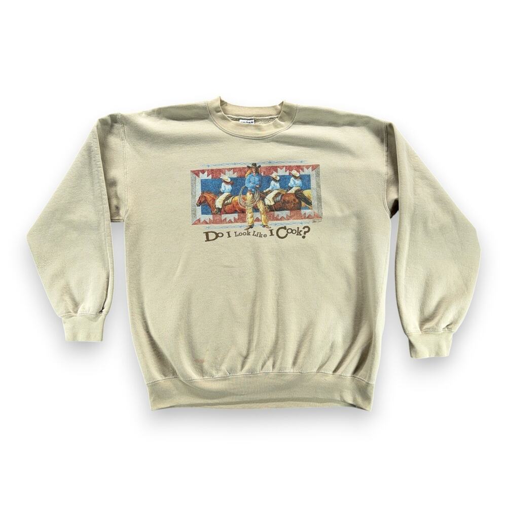 Vintage Cowgirl Sweater Adult LARGE Brown Do I Look Like I Cook Sweatshirt Y2K